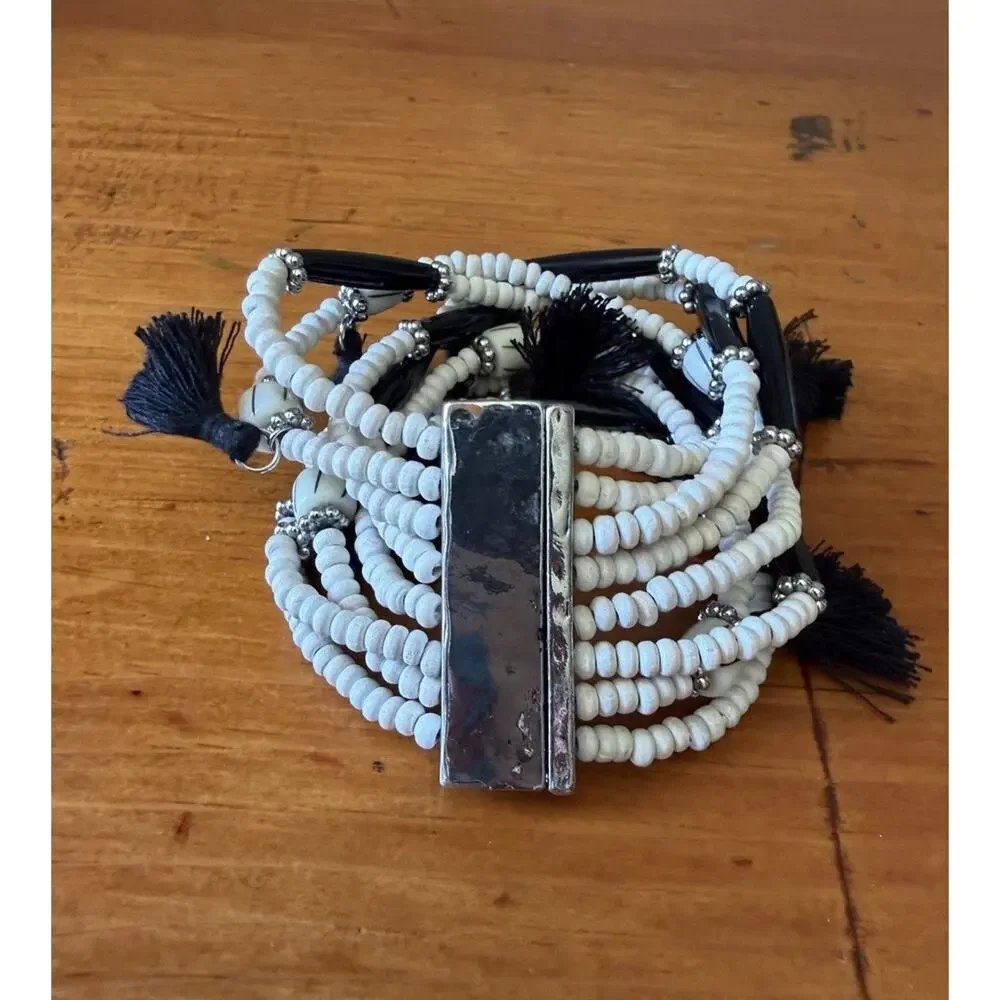 Boho Black White Beaded Bracelet Earrings Matching Set Tassel Statement Jewelry